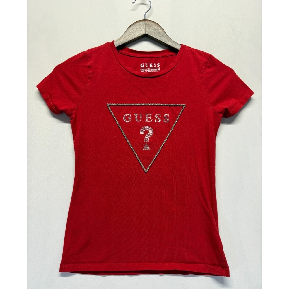Guess T Shirt Womens XS Red Organic Cotton Rhinestone Embellished Logo Crew Neck